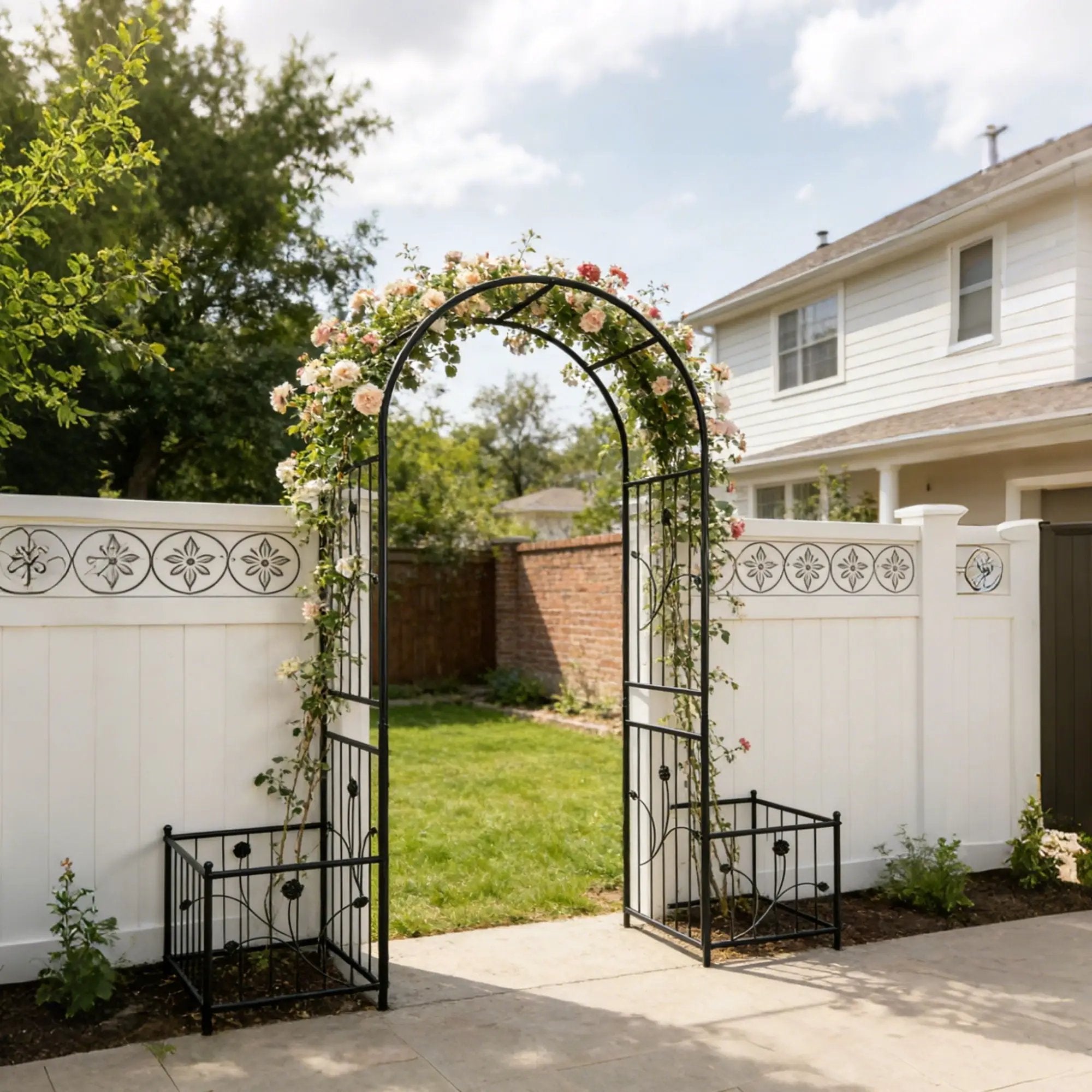 Metal Garden Arch With Two Plant Stands Wide High Climbing Plants Support Rose Arch Outdoor - Black by Unique Piece Furniture