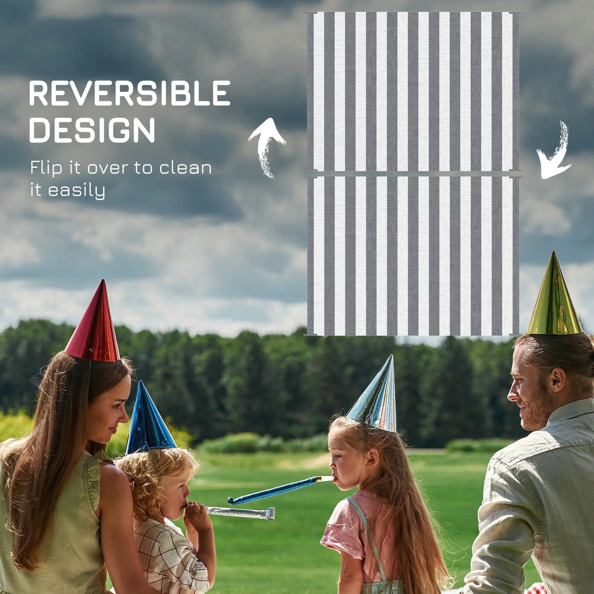 Outsunny - Reversible Outdoor Rug, 9' x 12' Waterproof Plastic Straw Floor Mat, Portable Rv Camping Carpet With Carry Bag, Large Floor Mat For Backyard, Deck, Picnic, Beach - Gray & White Striped by Unique Piece Furniture