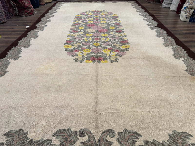 Palace Size American Hooked Rug 11x20 Aubusson Style Ivory by Jewel Rugs