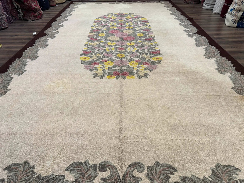 Palace Size American Hooked Rug 11x20 Aubusson Style Ivory by Jewel Rugs