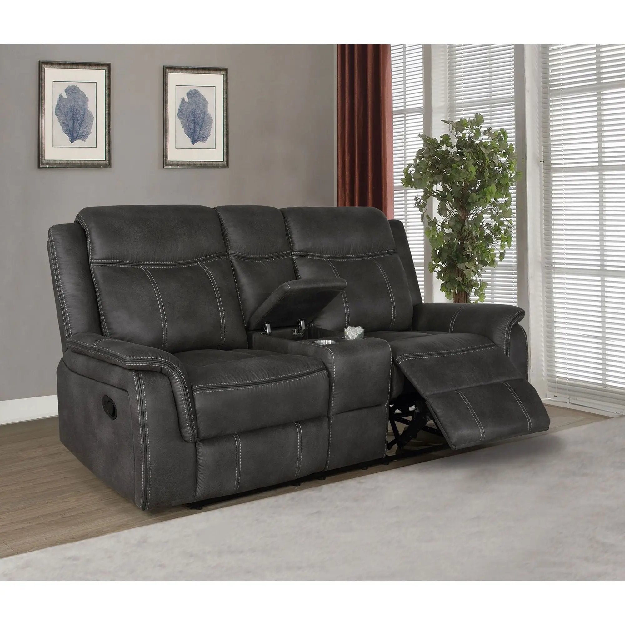 Franklin - Upholstered Padded Arm Reclining Loveseat With Center Console - Charcoal by HouseOfZazla