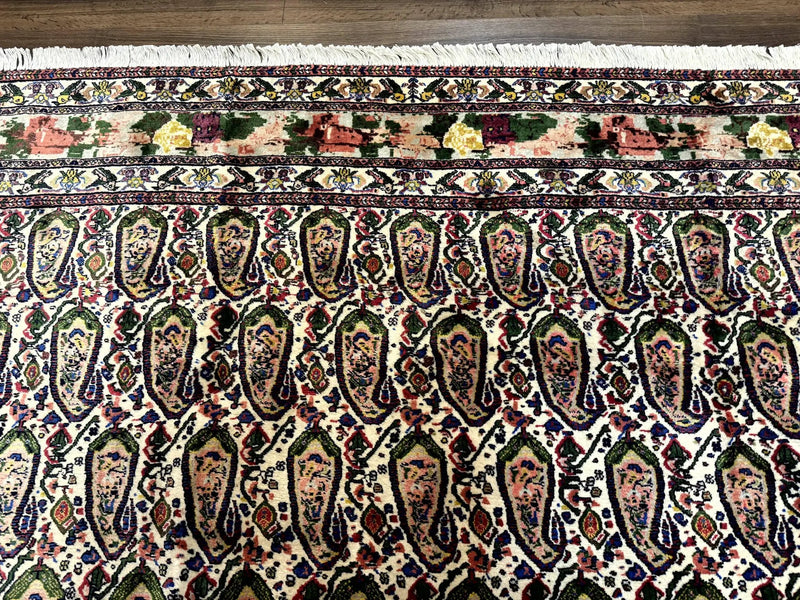 Persian Kurdish Rug 8x11, Repeated Allover Boteh Paisley Design, Bird Pictorials, Rare Antique Sannadaji Carpet by Jewel Rugs