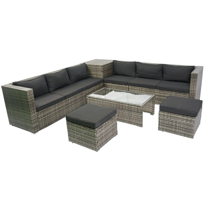 8 Piece Patio Sectional Wicker Rattan Outdoor Furniture Sof Set With One Storage Box Under Seat And Cushion Box - Gray / Black by HouseOfZazla