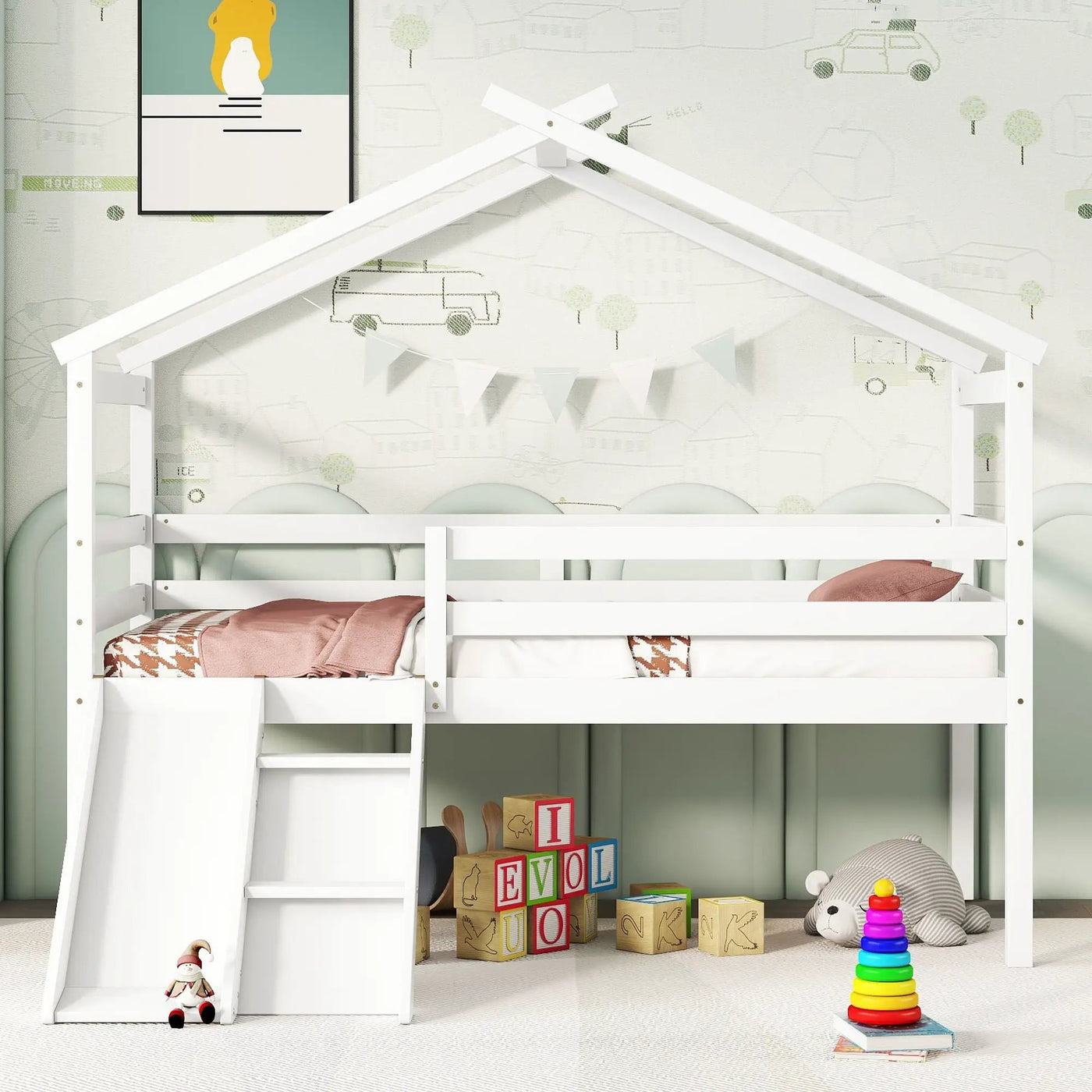 Low Loft House Bed With Slide, Ladder, Safety Guardrails, House Roof Frame by Unique Piece Furniture