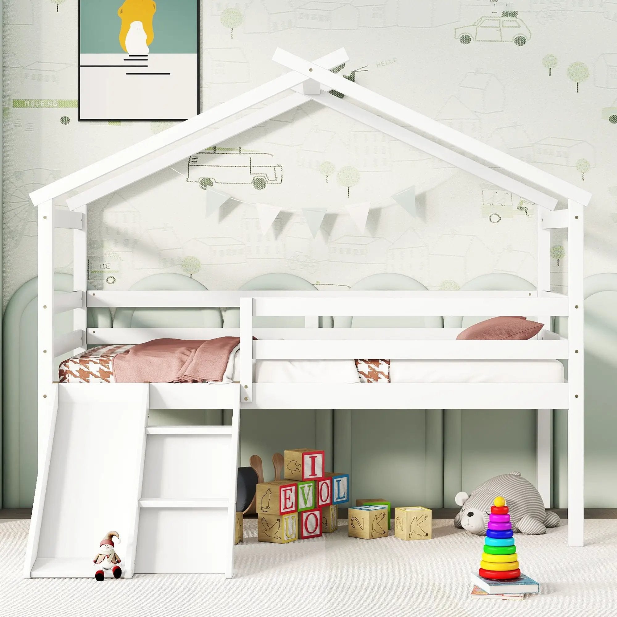 Low Loft House Bed With Slide, Ladder, Safety Guardrails, House Roof Frame by Unique Piece Furniture