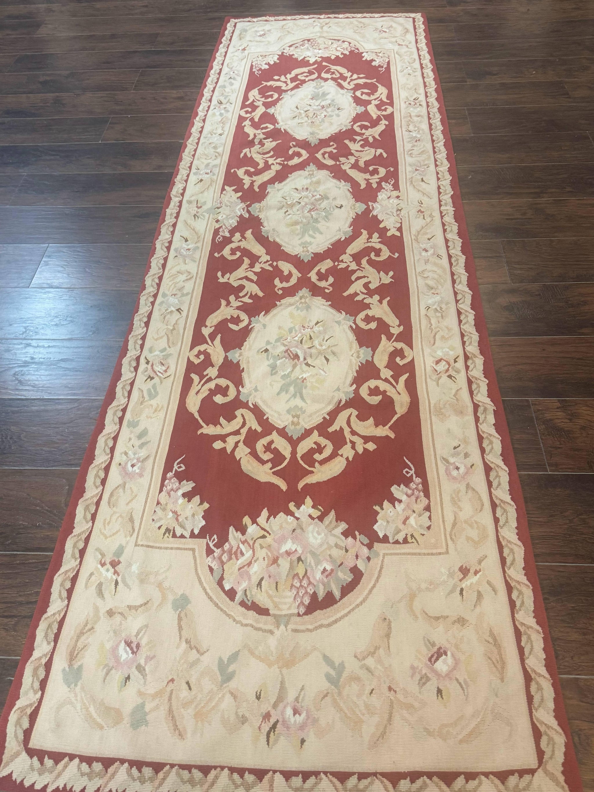 Aubusson Runner Rug 3x10, European Design, Red and Beige, Elegant, Handmade Wool Rug by Jewel Rugs