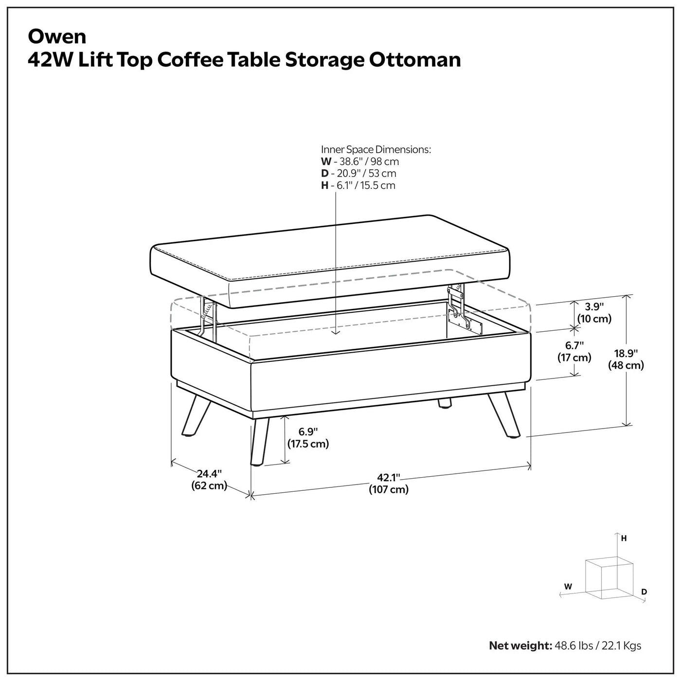 Owen - Lift Top Large Coffee Table Storage Ottoman, Mid Century Style by Unique Piece Furniture