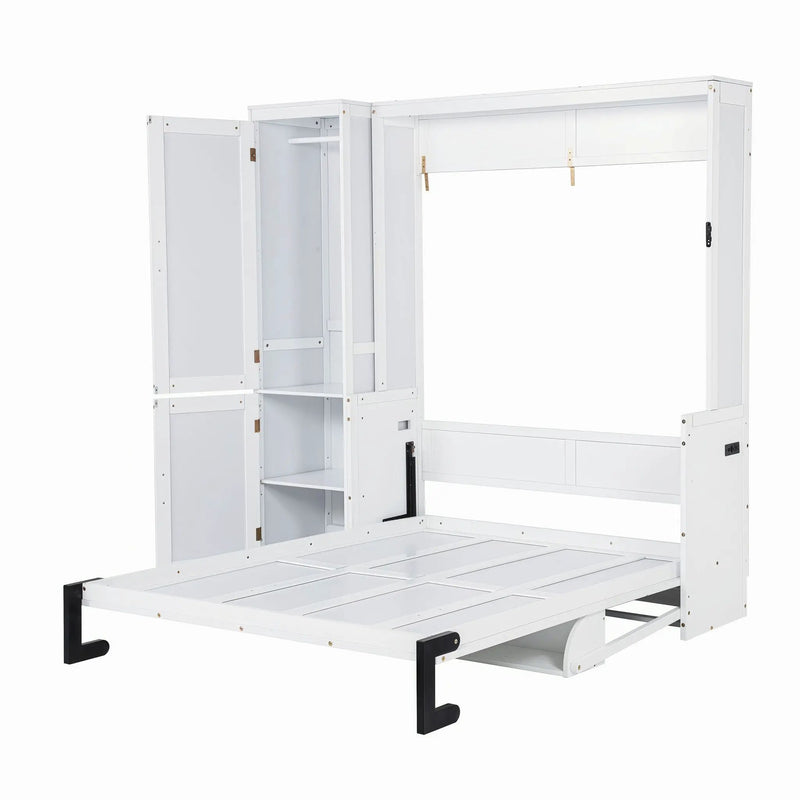Queen Size Murphy Bed With Wardrobe, Space-Saving Hidden Wall Bed With Desk And Charging Station - White by Unique Piece Furniture