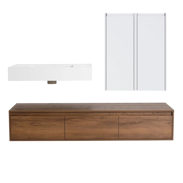 Wall Mounted Bathroom Vanity With Resin Sink And 2 Side Cabinet, 3 Soft Close Drawer - Brown Ebony