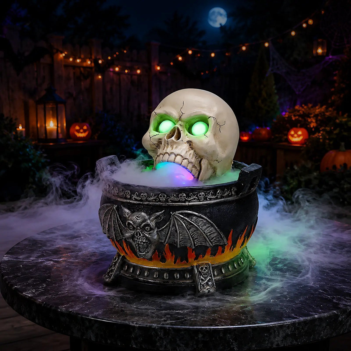 Halloween Skull Cauldron Statue with LED Light and Smoke Fog Effect by HouseOfZazla