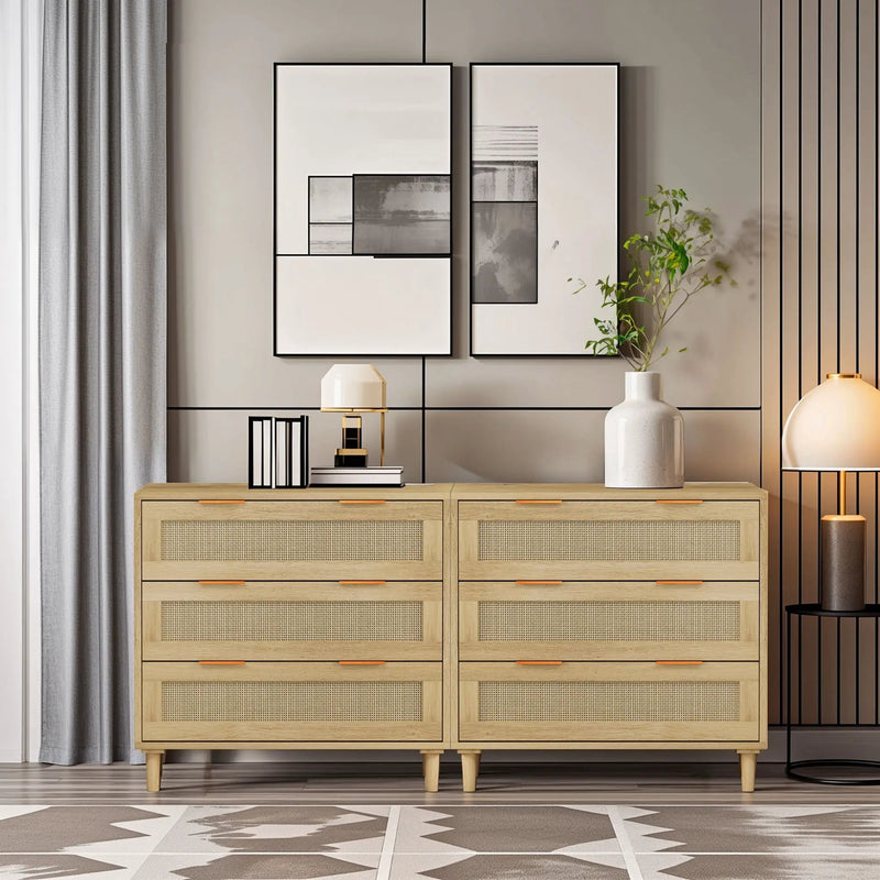 3 Drawers Rattan Storage Cabinet Rattan Drawer, For Bedroom, Living Room, Dining Room, Hallways (Set of 2) - Oak by Unique Piece Furniture