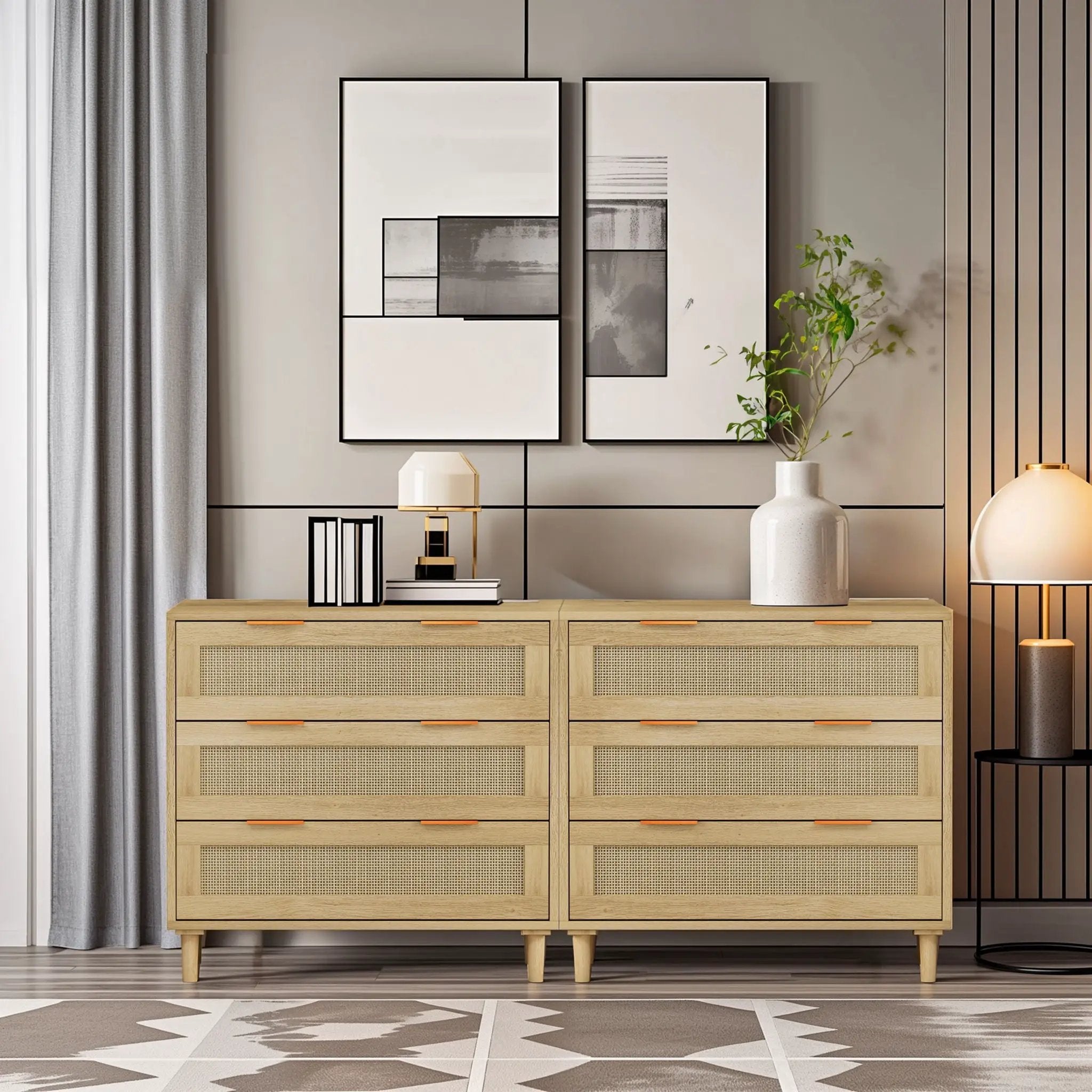 3 Drawers Rattan Storage Cabinet Rattan Drawer, For Bedroom, Living Room, Dining Room, Hallways (Set of 2) - Oak by HouseOfZazla