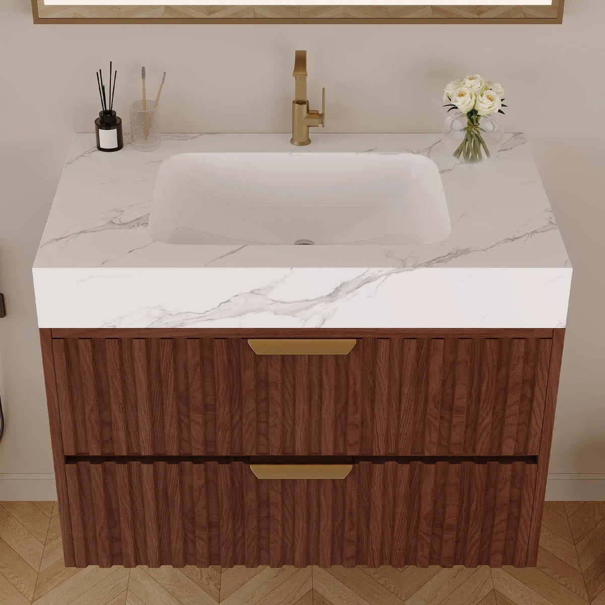 30" Modern Floating Bathroom Vanity with Seamless Sintered Stone Top, photo 4 of 10