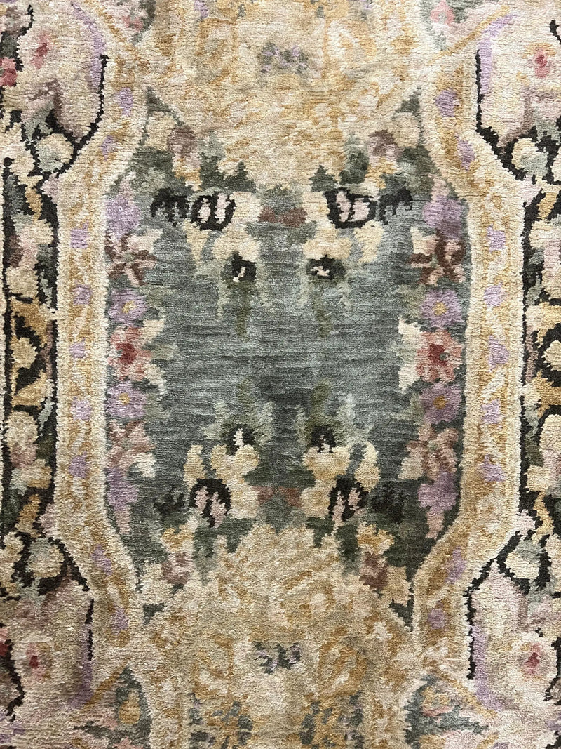 Tibetan Runner Rug 2.6 x 10, French Aubusson Pattern, Gold Olive Green, Vintage Handmade European Design, Wool Hallway Rug by Jewel Rugs