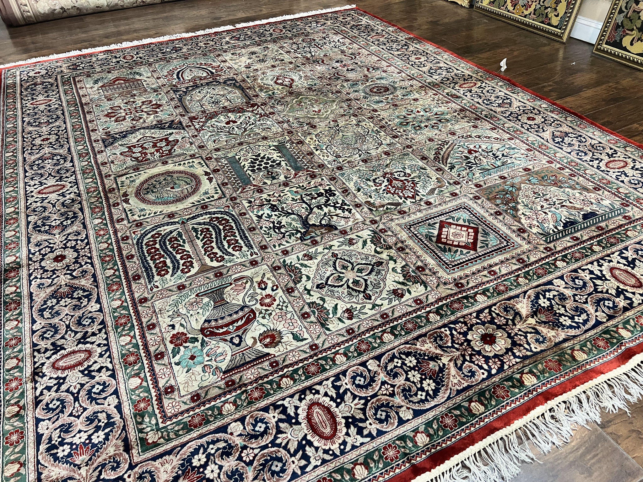 Silk Sino Persian Rug 9x12, Panel Design, Garden of Eden Pattern, Fine 200 KPSI, Hand Knotted Room Sized Silk Carpet, Vintage by Jewel Rugs