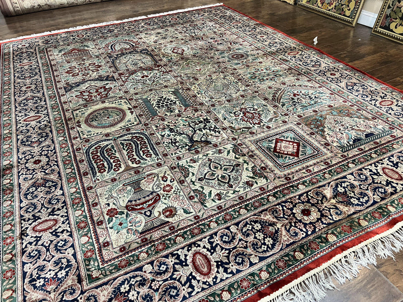 Silk Sino Persian Rug 9x12, Panel Design, Garden of Eden Pattern, Fine 200 KPSI, Hand Knotted Room Sized Silk Carpet, Vintage by Jewel Rugs