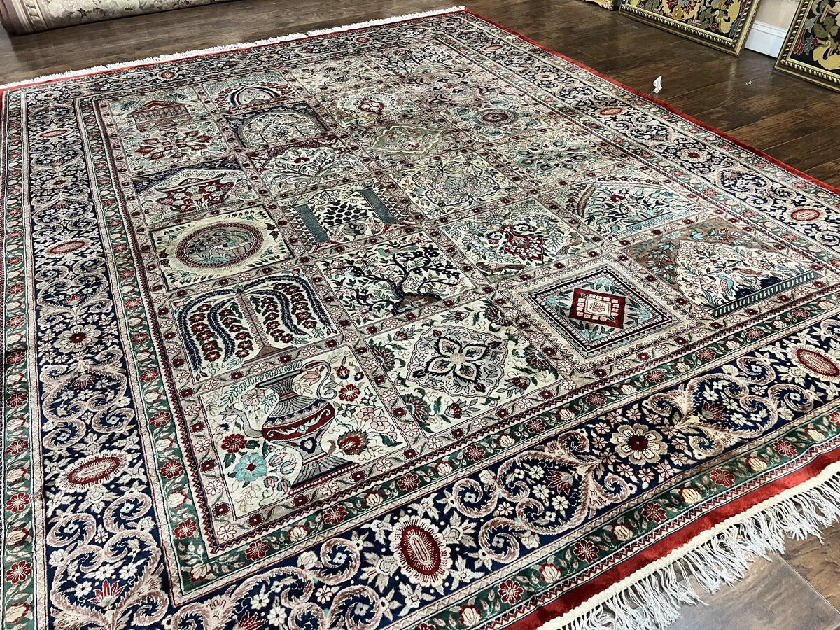 Silk Sino Persian Rug 9x12, Panel Design, Garden of Eden Pattern, Fine 200 KPSI, Hand Knotted Room Sized Silk Carpet, Vintage by Jewel Rugs