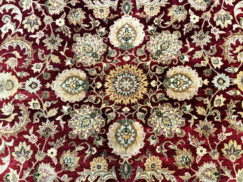 Indian Agra Rug 10x14, Traditional Oriental Carpet, Room Sized Wool Area Rug, Floral, Maroon by Jewel Rugs