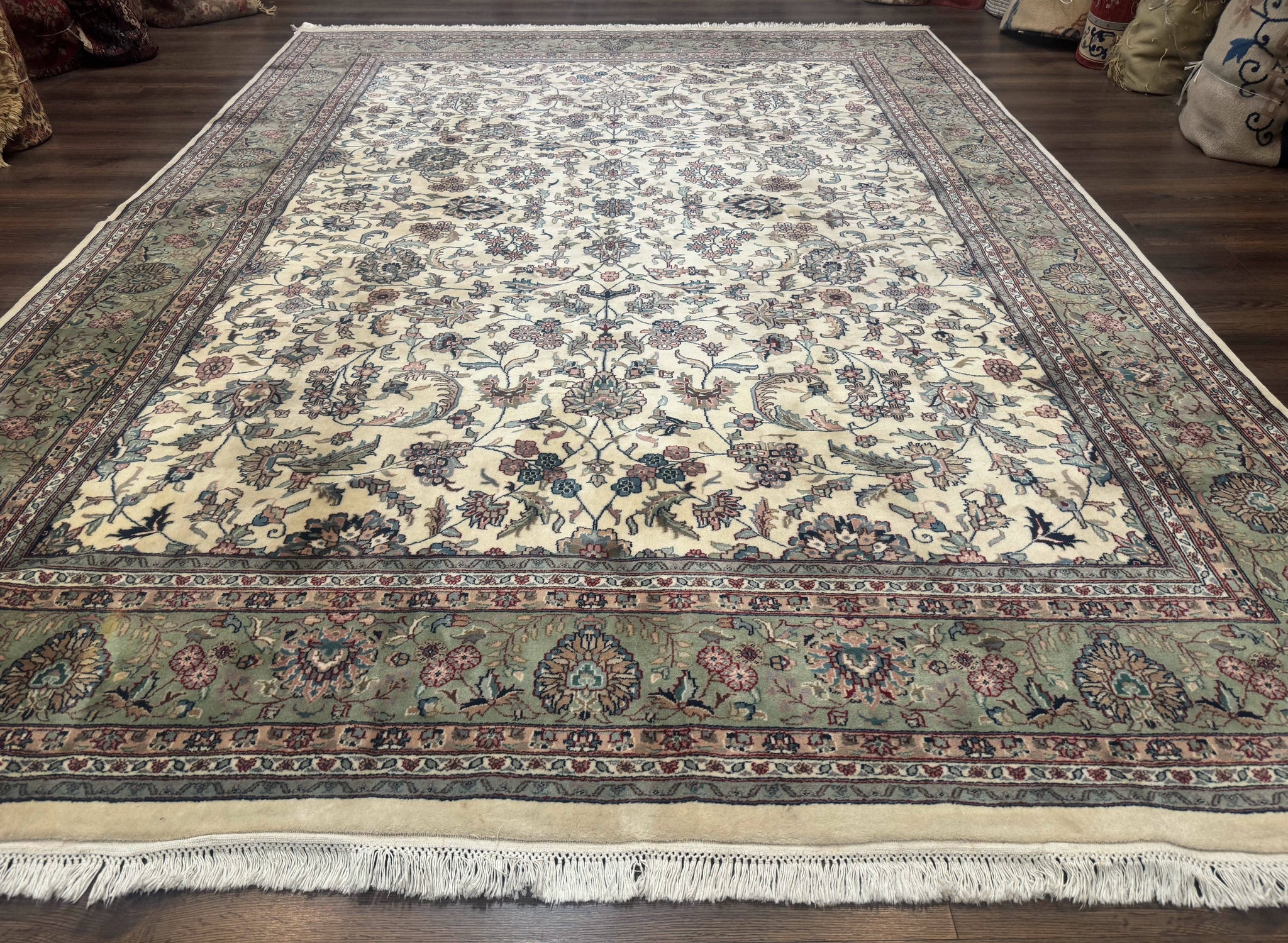 Indo Persian Rug 9x12, Allover Floral Pattern, Ivory & Green, Traditional Oriental Carpet by Jewel Rugs