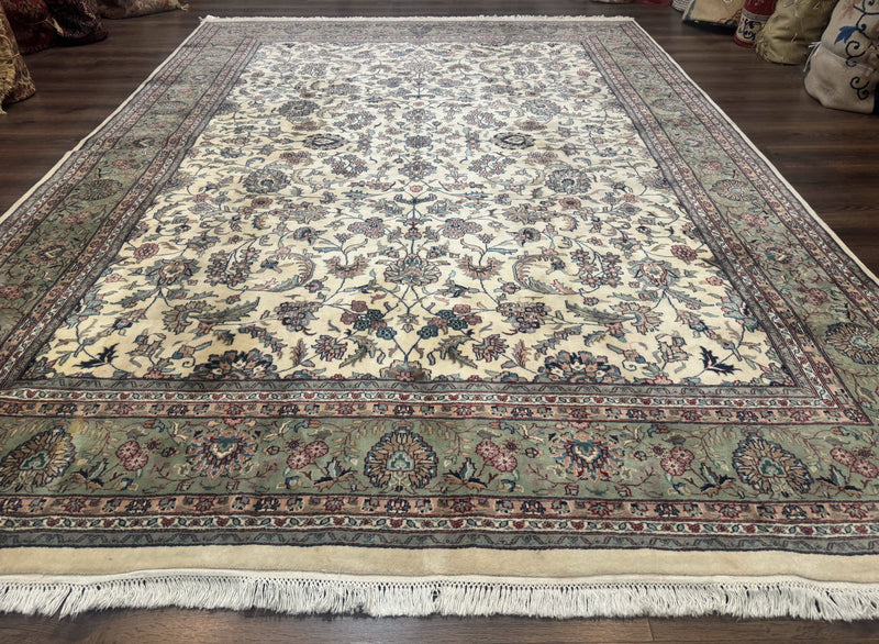 Indo Persian Rug 9x12, Allover Floral Pattern, Ivory & Green, Traditional Oriental Carpet by Jewel Rugs