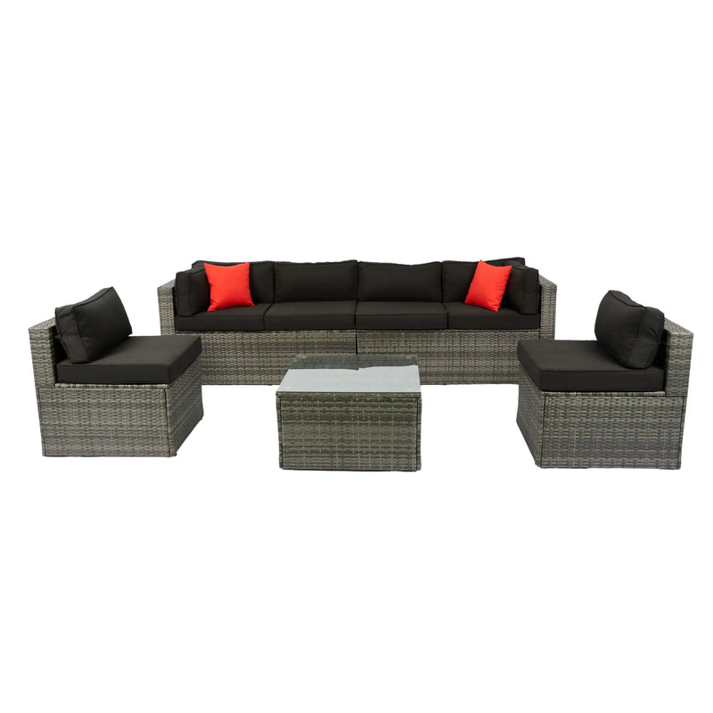 5 Pieces Rattan Sectional Outdoor Furniture Cushioned U Sof Set With 2 Pillow - Gray / Black by Unique Piece Furniture