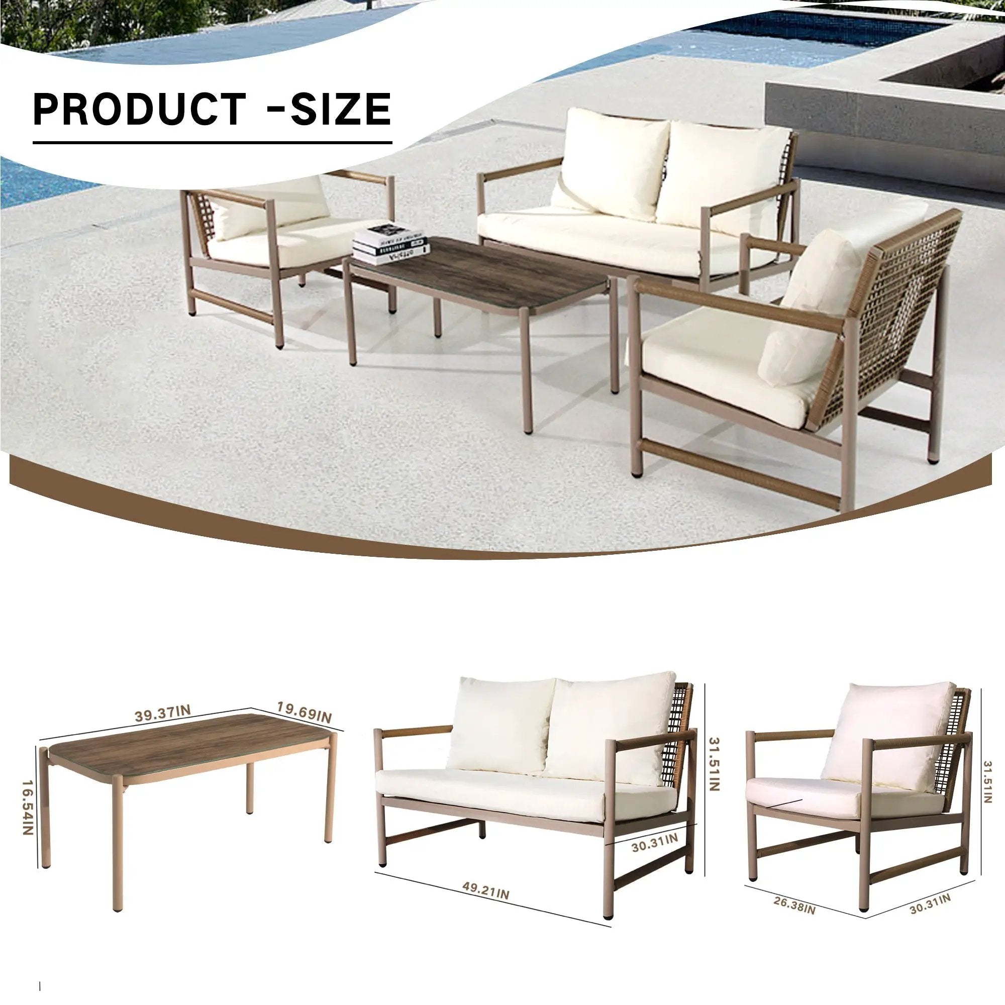 4 Pieces Patio Furniture Set, PE Rattan Wicker With Washable Cushion And Tempered Glass Tabletop, Conversation Furniture For Garden Poolside Balcony by HouseOfZazla