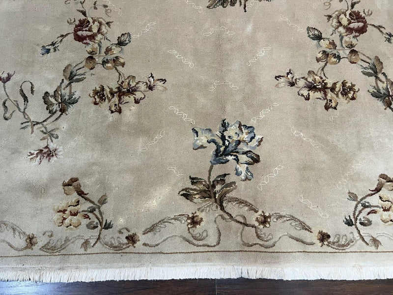 Chinese 120 Line Rug 8x10, Chinese Aubusson Wool & Silk Highlights Handmade Vintage Carpet, Beige Fine Weave Rug, Floral European Design by Jewel Rugs