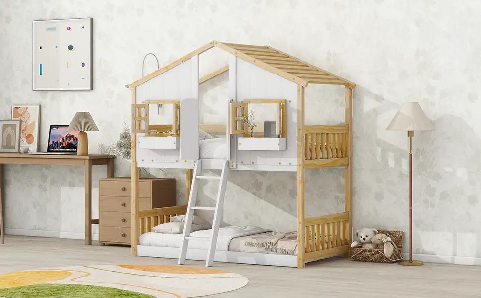 House Bunk Bed With Roof, Window, Window Box, Door, With Safety Guardrails And Ladder by Unique Piece Furniture