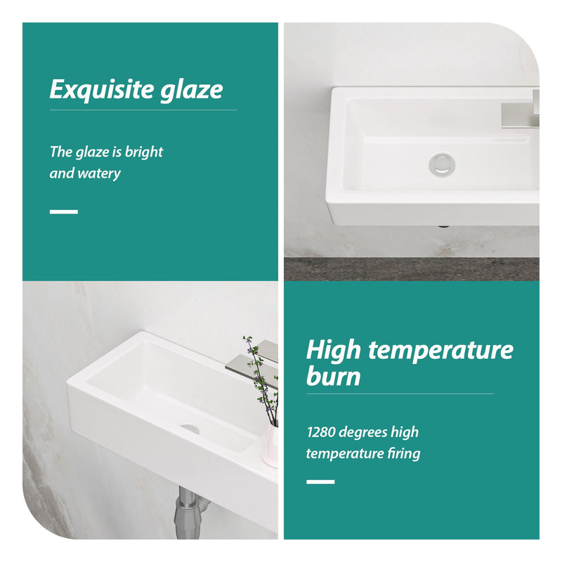 Modern Ceramic Rectangle Wall Mount Bathroom Sink With Single Faucet Hole - White by HouseOfZazla