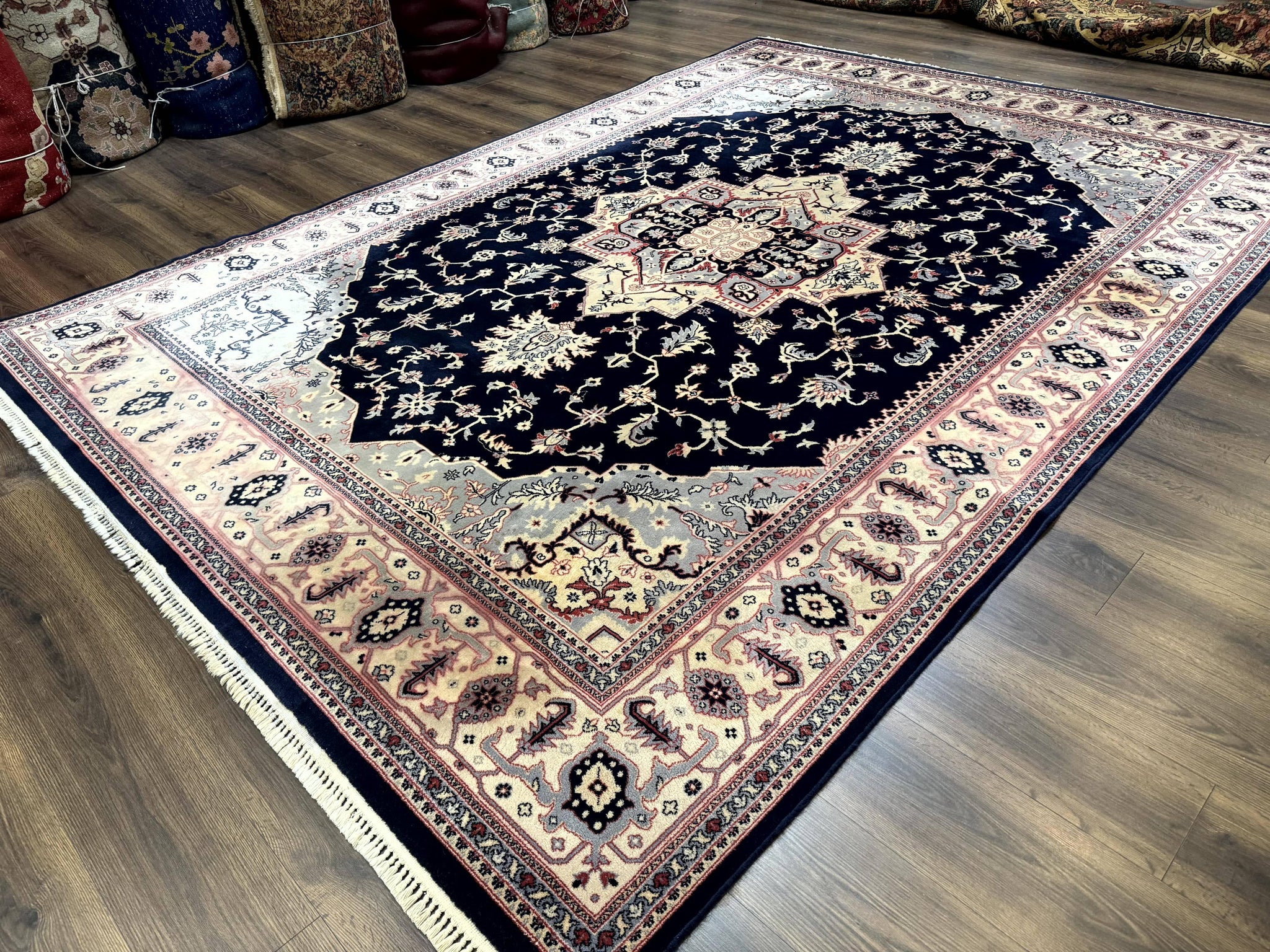 Karastan Rug 8x11 Navy Serapi, Kara Shah Rug, Navy Blue, Vintage Karastan Area Rug Wool Pile Karastan Rug by Jewel Rugs