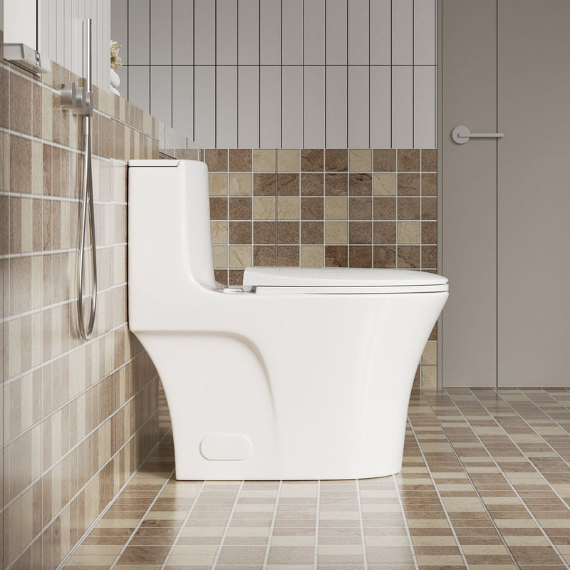 Elegant One Piece Toilet With Tornado Dual Flush, Siphonic S Trap 12", Soft Close Seat, Dual Flush, Ada Height, Glossy - Gloss White