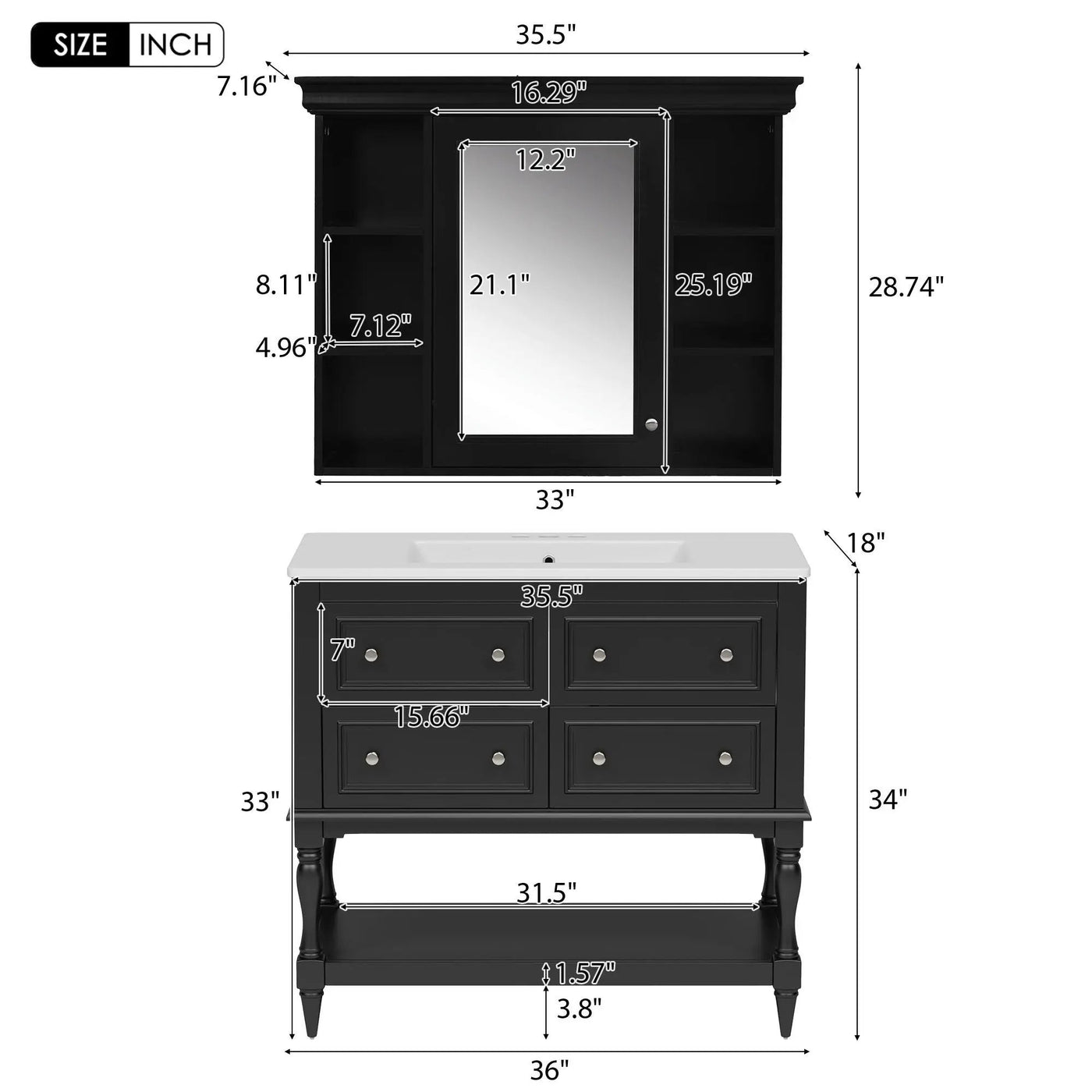 Bathroom Vanity With Medicine Cabinet, Storage Cabinet With 4 Drawers, Adjustable Shelf Mirror by HouseOfZazla