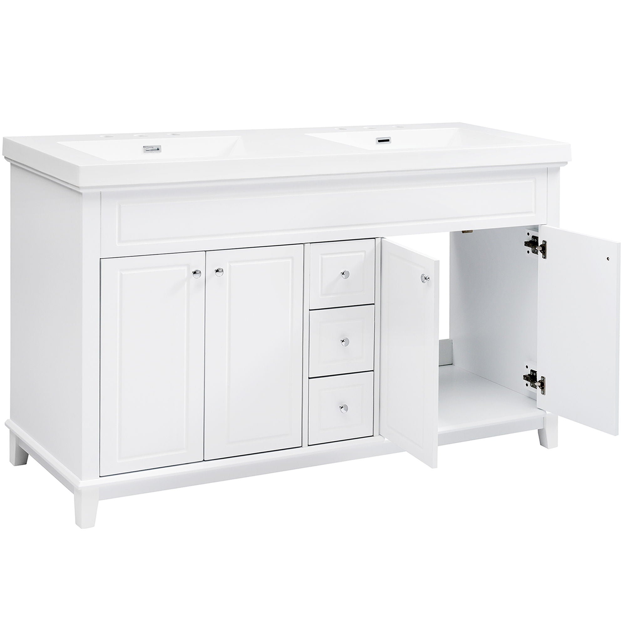 Bathroom Vanity With Double Sinks, 3 Drawers & 4 Doors - White