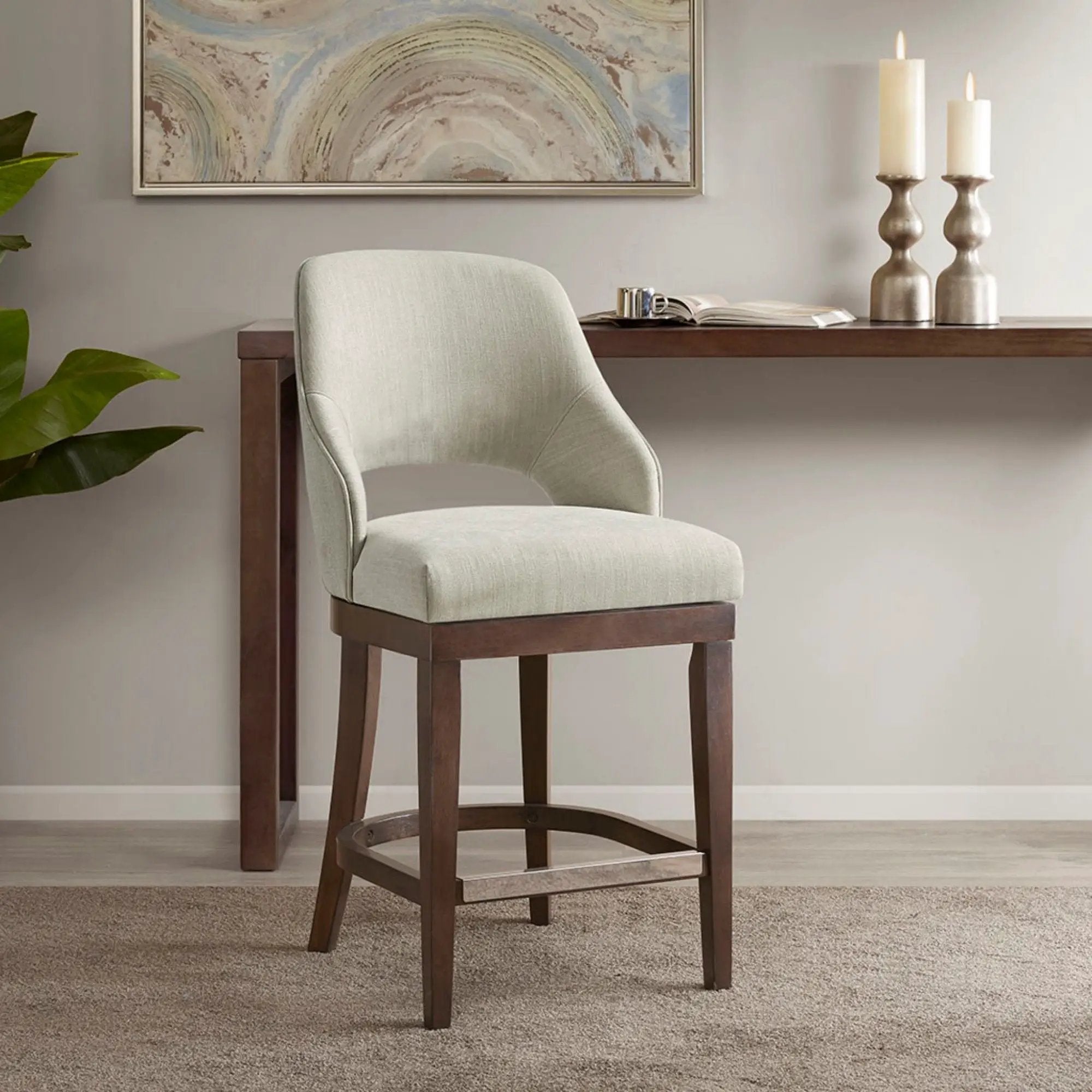 Counter Stool With Swivel Seat, Upholstery And Solid Wood Legs - Cream by Unique Piece Furniture