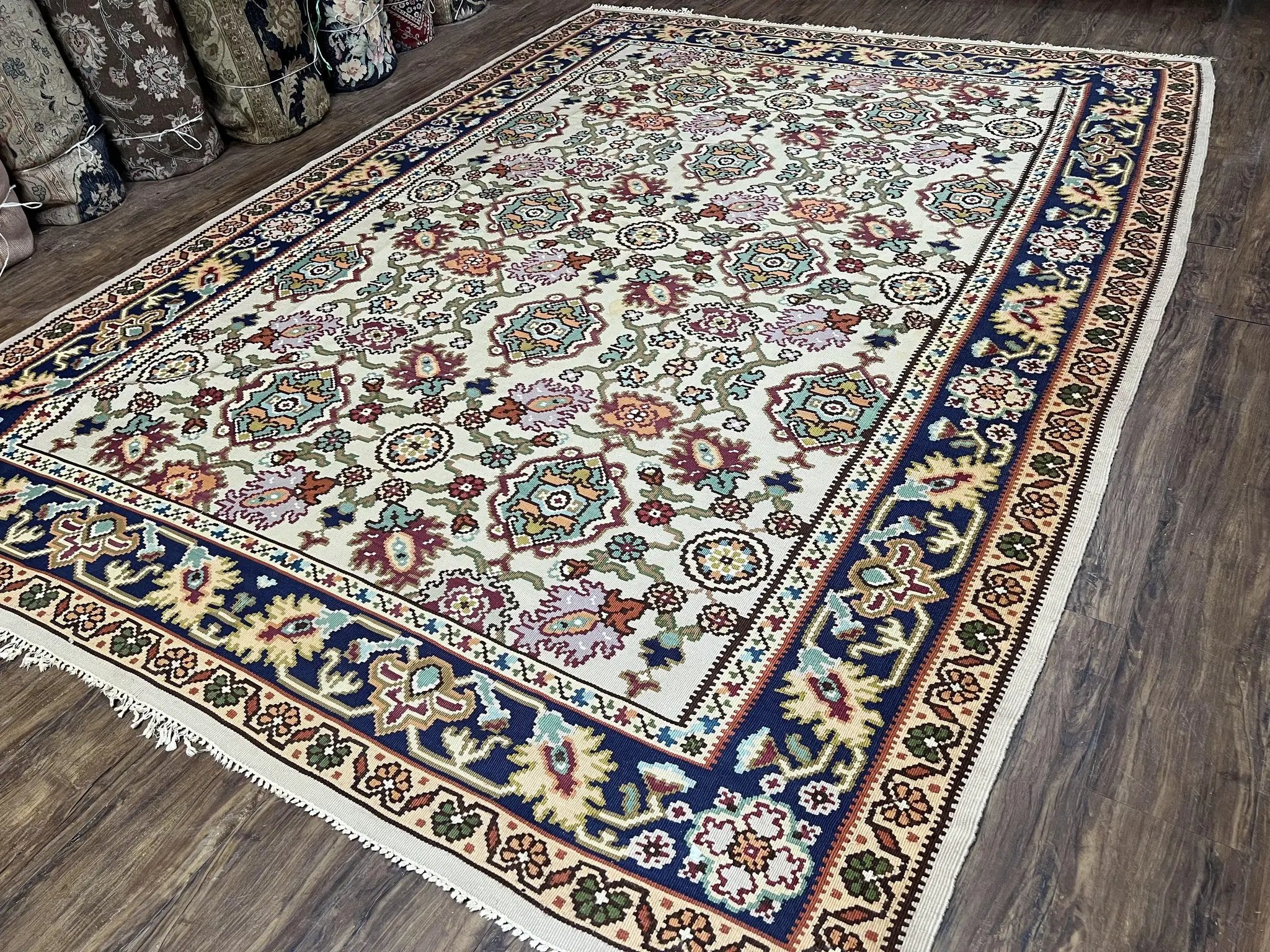 Antique Turkish Kilim Rug 7x10 Allover Pattern, Ivory Cream Maroon Light Blue, Wool Flatweave Hand Woven, Large Kilim, Vintage Kilim Carpet by Jewel Rugs