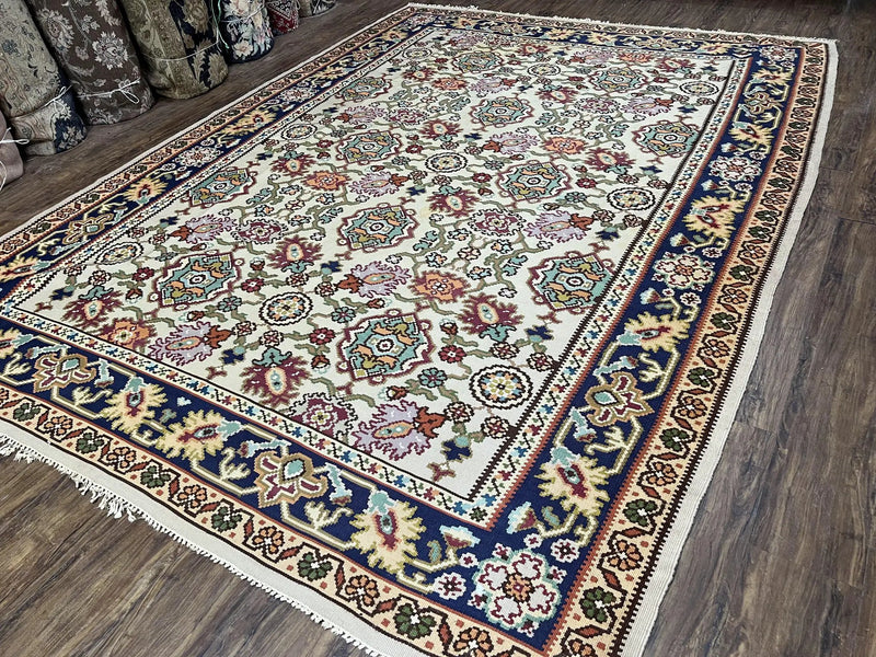 Antique Turkish Kilim Rug 7x10 Allover Pattern, Ivory Cream Maroon Light Blue, Wool Flatweave Hand Woven, Large Kilim, Vintage Kilim Carpet by Jewel Rugs