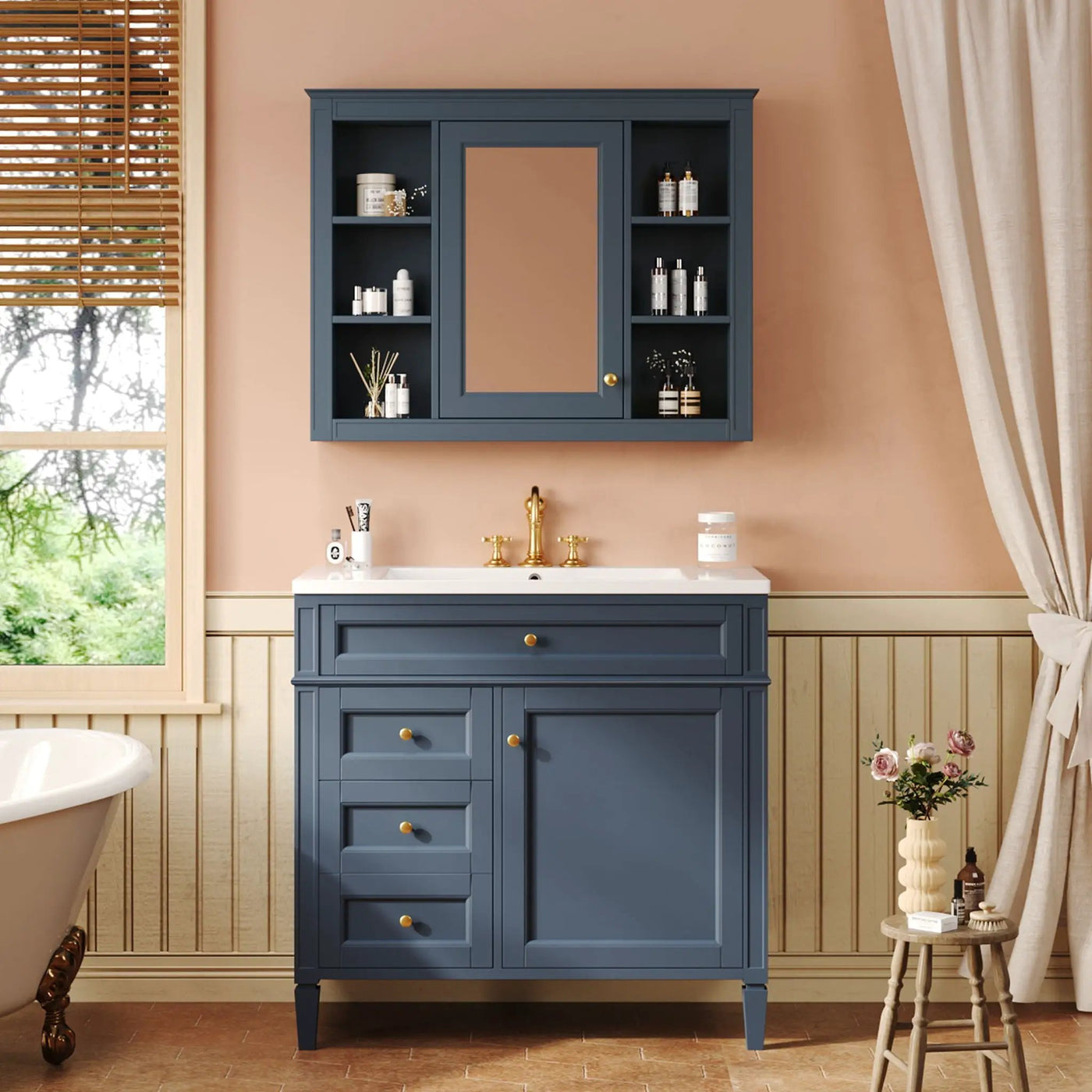 Bathroom Vanity With Mirror Cabinet, Single Sink With 2 Soft Closing Doors And 4 Drawers by HouseOfZazla