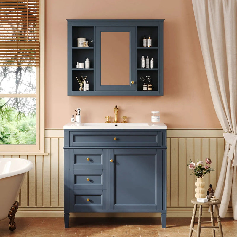Bathroom Vanity With Mirror Cabinet, Single Sink With 2 Soft Closing Doors And 4 Drawers by Unique Piece Furniture
