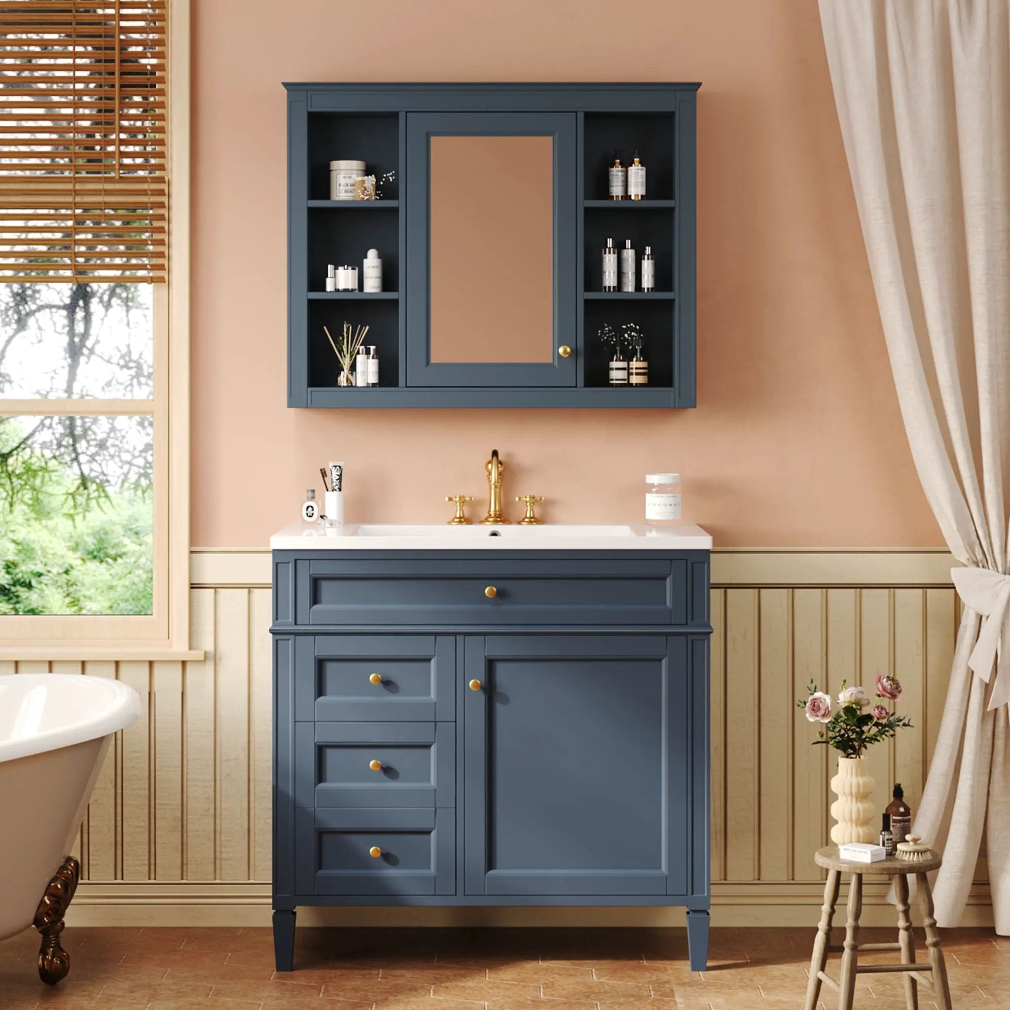 Bathroom Vanity With Mirror Cabinet, Single Sink With 2 Soft Closing Doors And 4 Drawers by Unique Piece Furniture