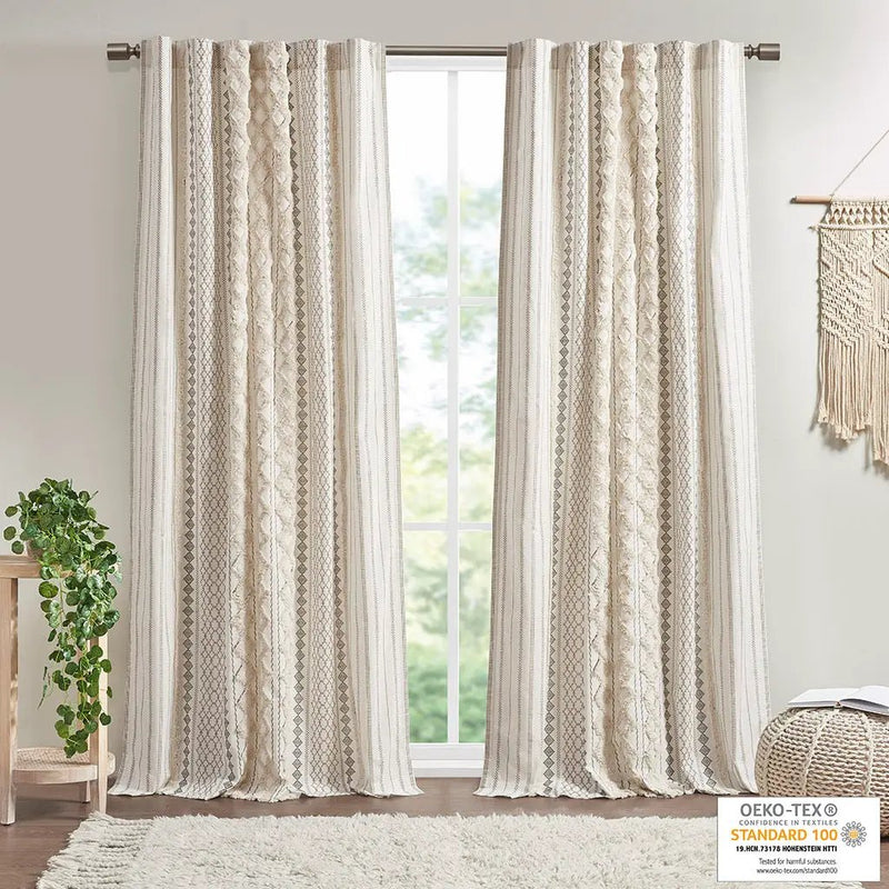 Cotton Printed Curtain Panel with Chenille Stripe and Lining Ivory 50x84 by HouseOfZazla