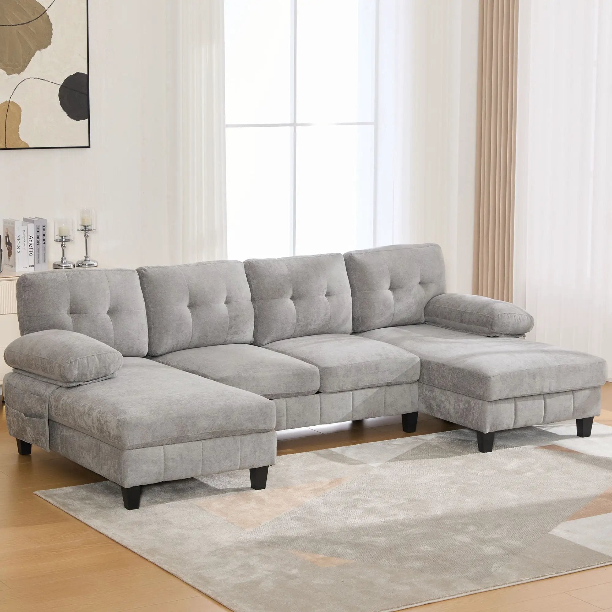 U-Shaped Sectional Sofa 103.5" Fabric Couch With Dual Chaise Lounges, Storage Pockets, Armrest Pillows by HouseOfZazla