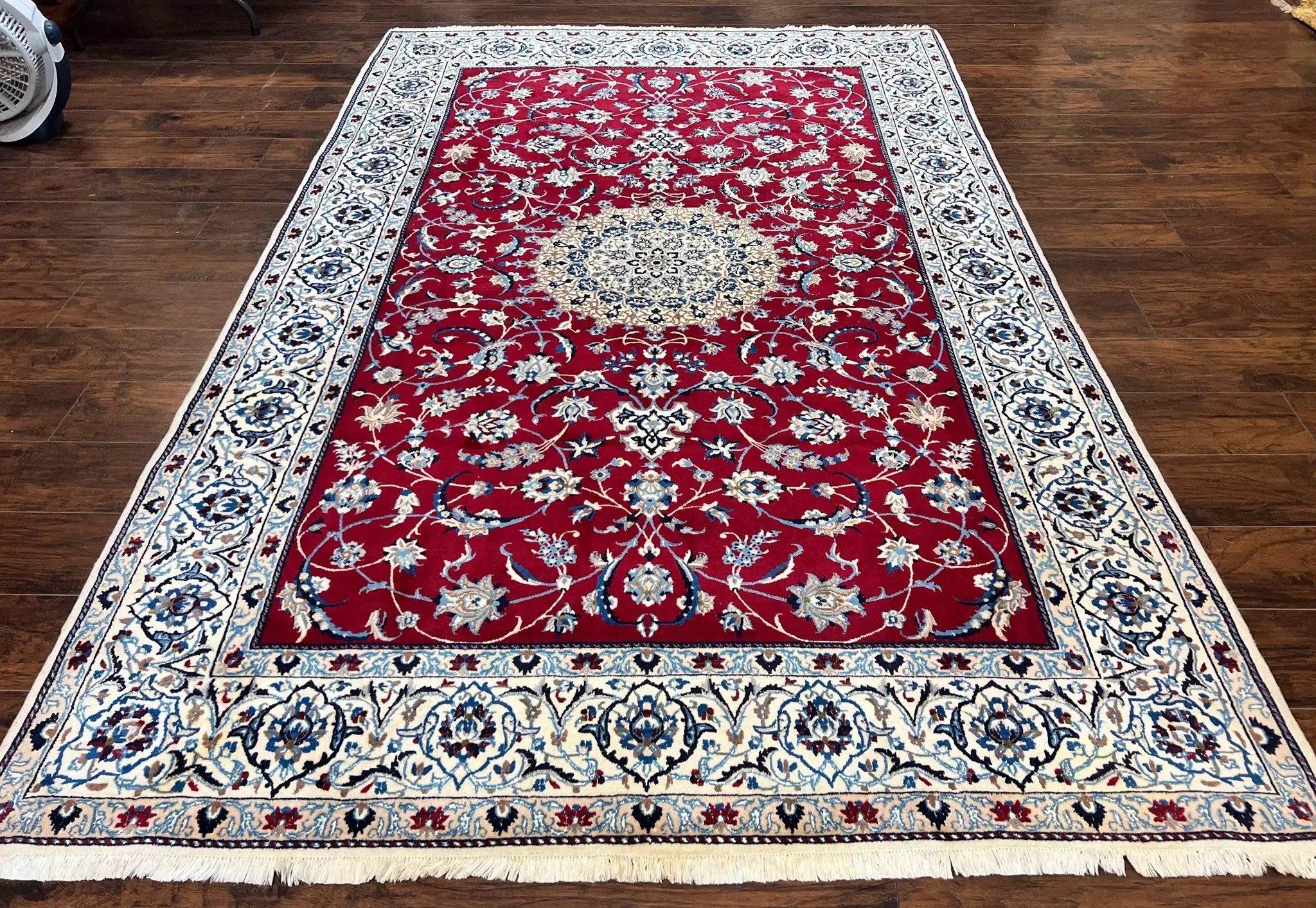 Persian Nain Rug 6x10, Wool and Silk Highlights, Red and Ivory, Floral Medallion, Vintage Handmade Hand Knotted, Fine 225 KPSI, Traditional Rug by Jewel Rugs
