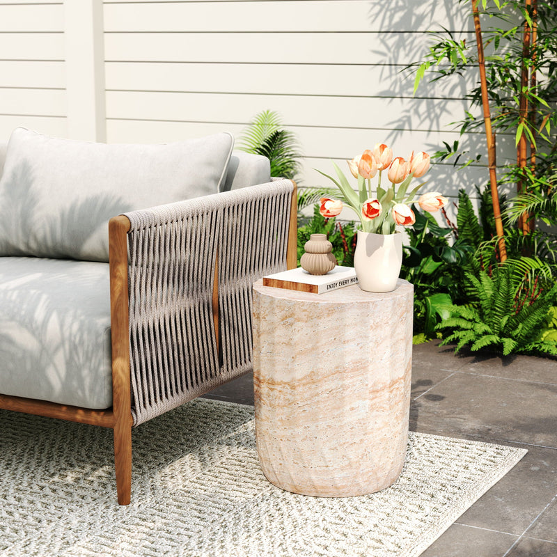 Outdoor / Indoor Lightweight Concrete Side Table, Cylinder Travertine Finish Accent Table - Beige by HouseOfZazla