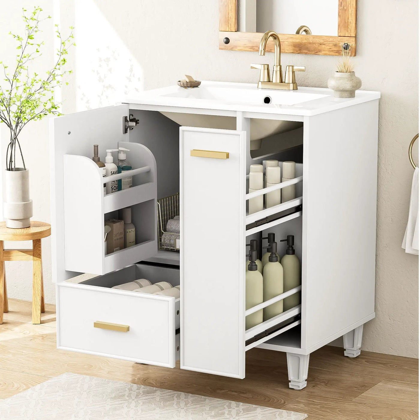 Bathroom Vanity With Sink, Deep Drawer, Door Shelf, 2 Tier Basket by HouseOfZazla