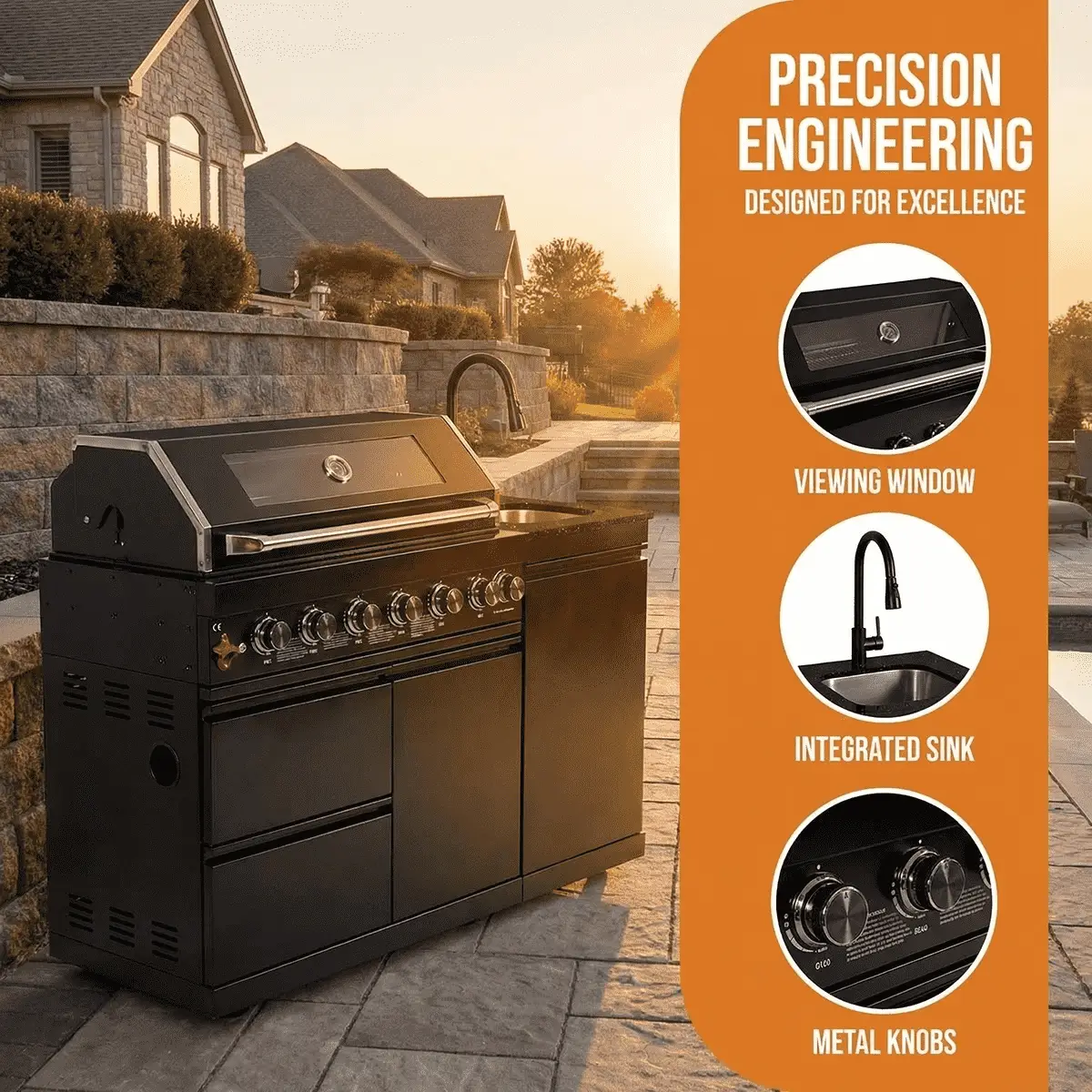 63" 6-Burner 85000 BTU Black Outdoor Kitchen Island Grill + Marble Countertops + Sink by Chery Industrial