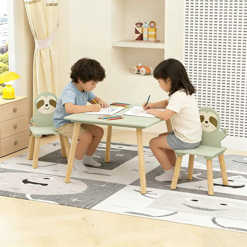 Sloth Themed Table And Chair Set With 2 Cute Animal Chairs - Natural Wood / Sage Green by HouseOfZazla