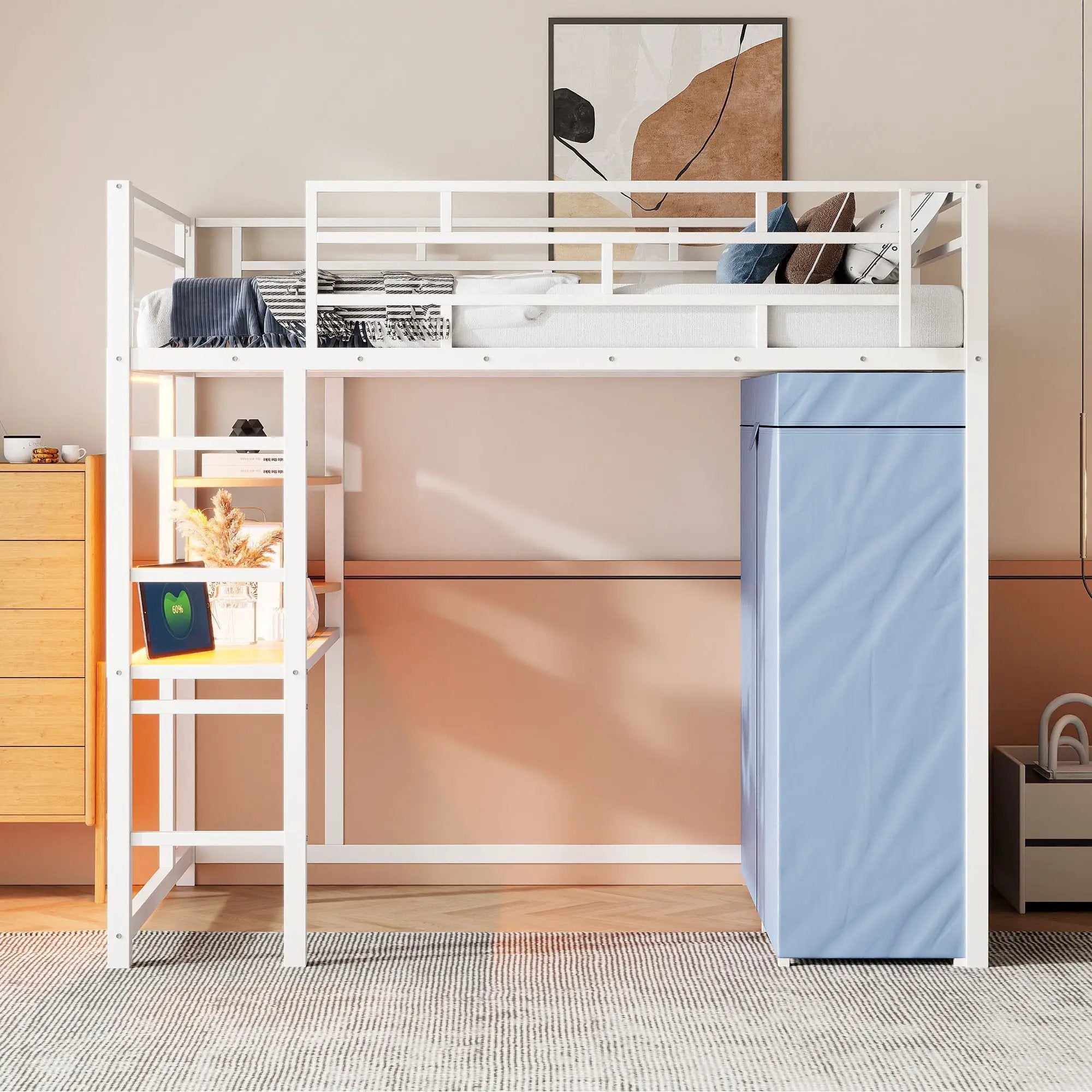 Loft Bed With Desk, Shelves, Power Outlet, LED Light And Wardrobe by HouseOfZazla