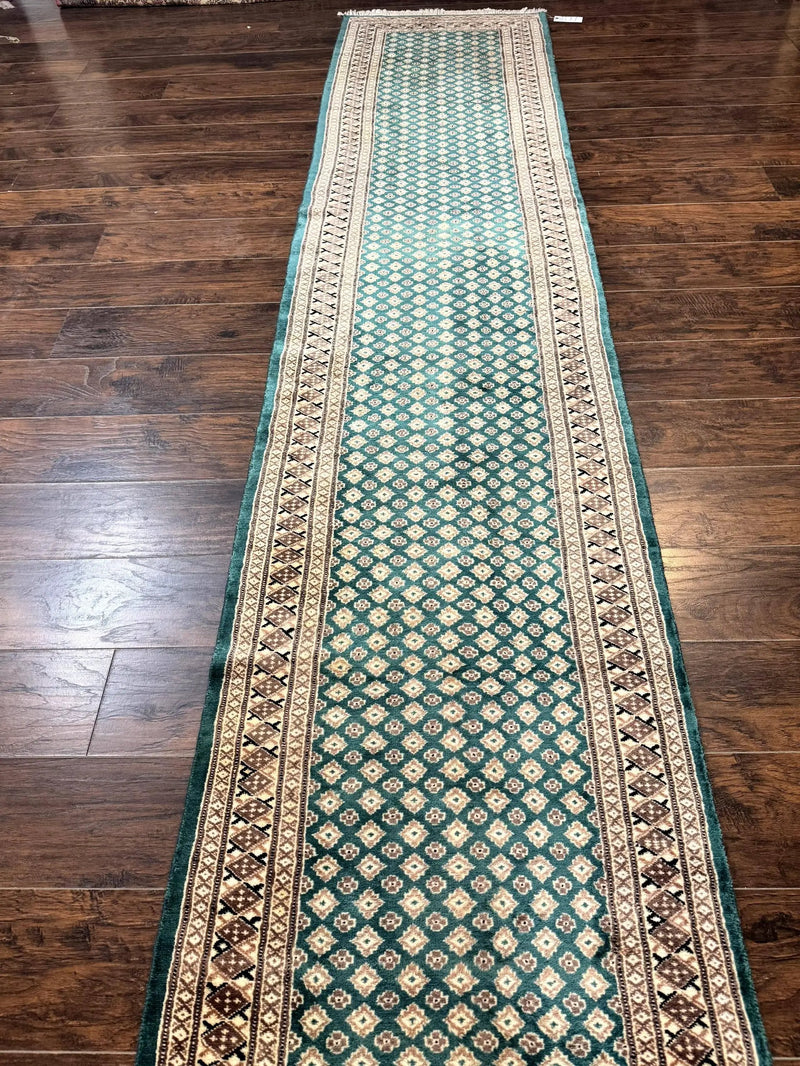 Long Pakistani Runner Rug 2.8 x 20, Hand Knotted Vintage Wool Hallway Rug, Turkoman Rug, Teal and Tan, Handmade Vintage Wool Runner by Jewel Rugs