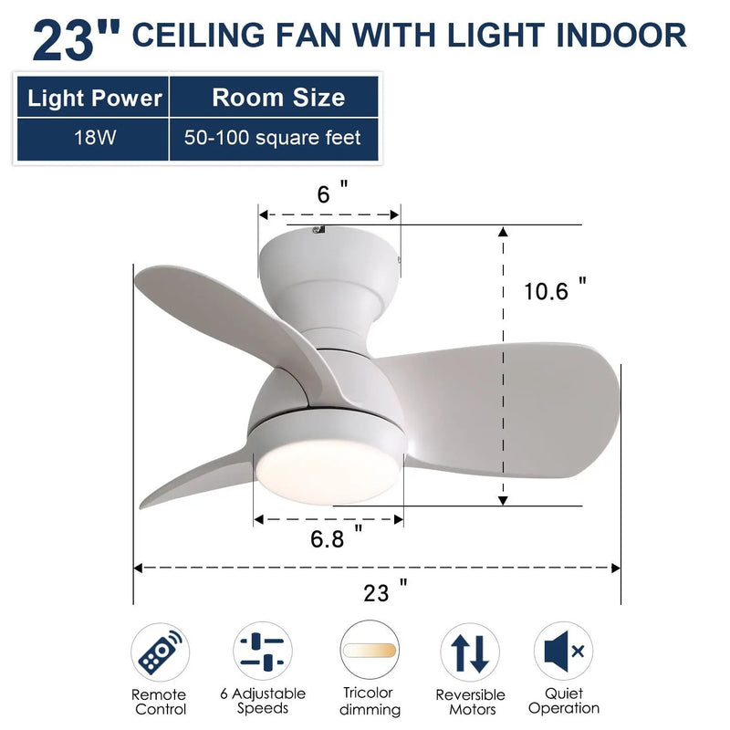 23" Bedroom Ceiling Fan With 3 Color Dimmable 3 ABS Blades Remote Control Dc Motor With 18W Led Light by HouseOfZazla