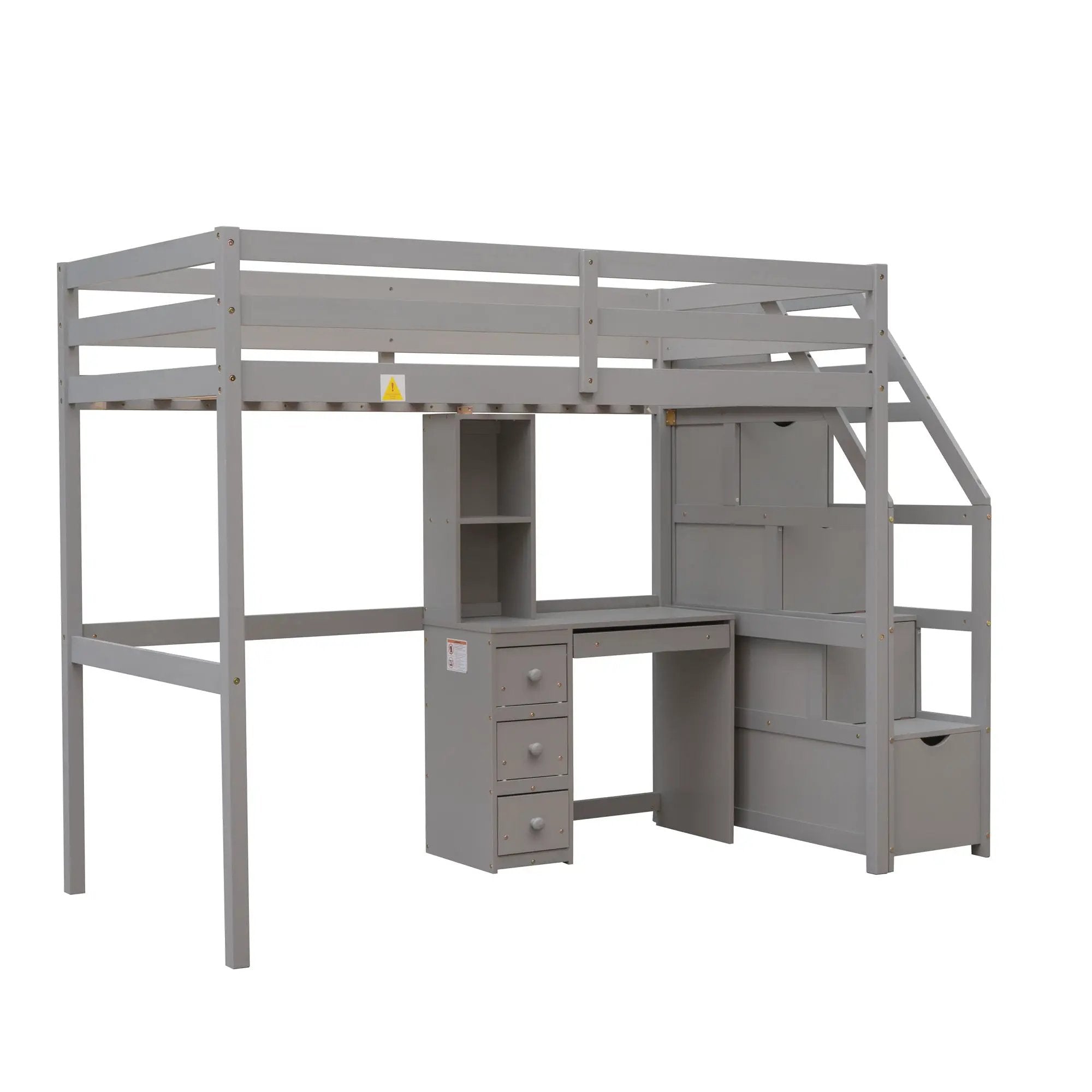 Loft Bed With Stand Alone Bed, Storage Staircase, Desk, Shelves, And Drawers